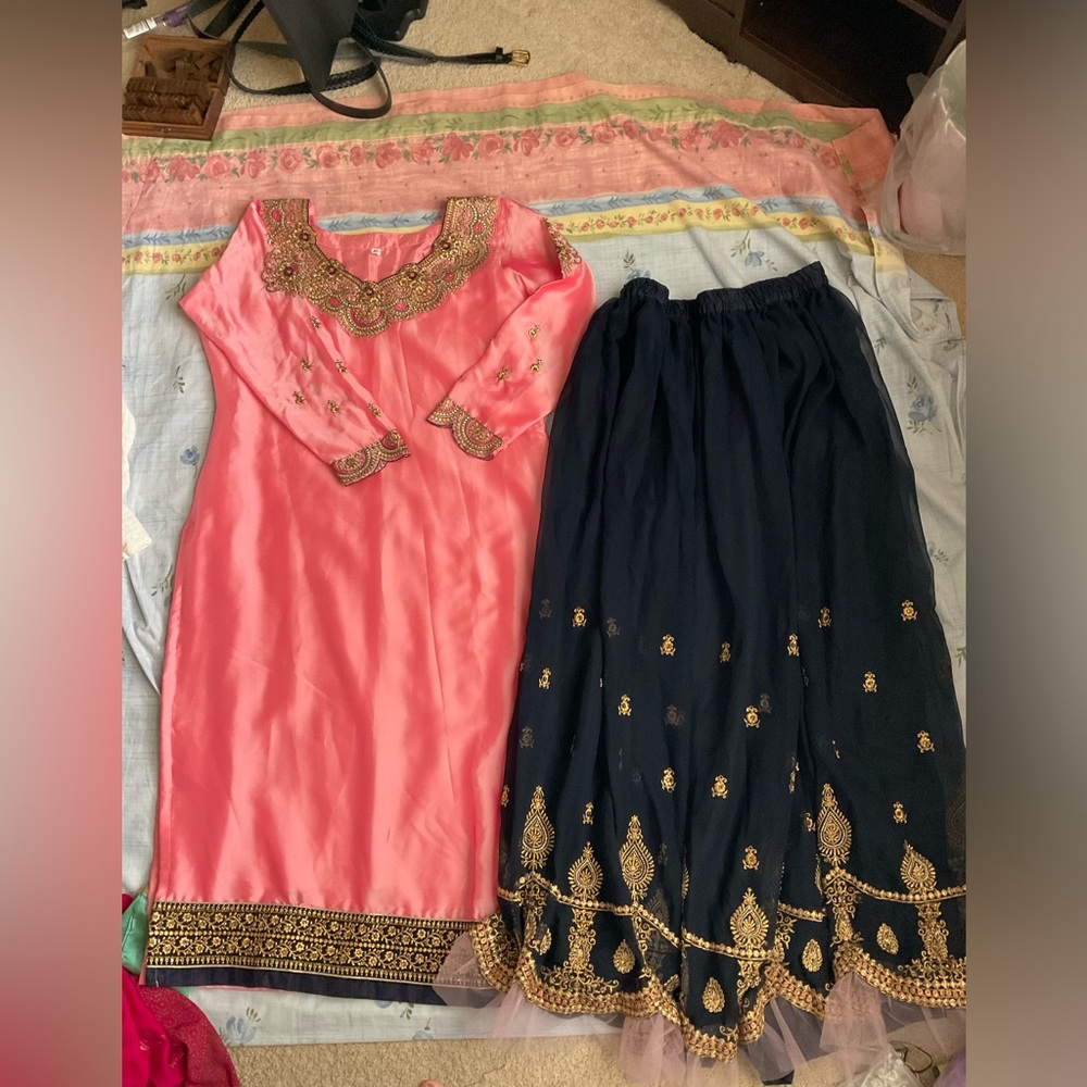 Coral Embroidered Women's Skirt Set - Navy Embellished Skirt